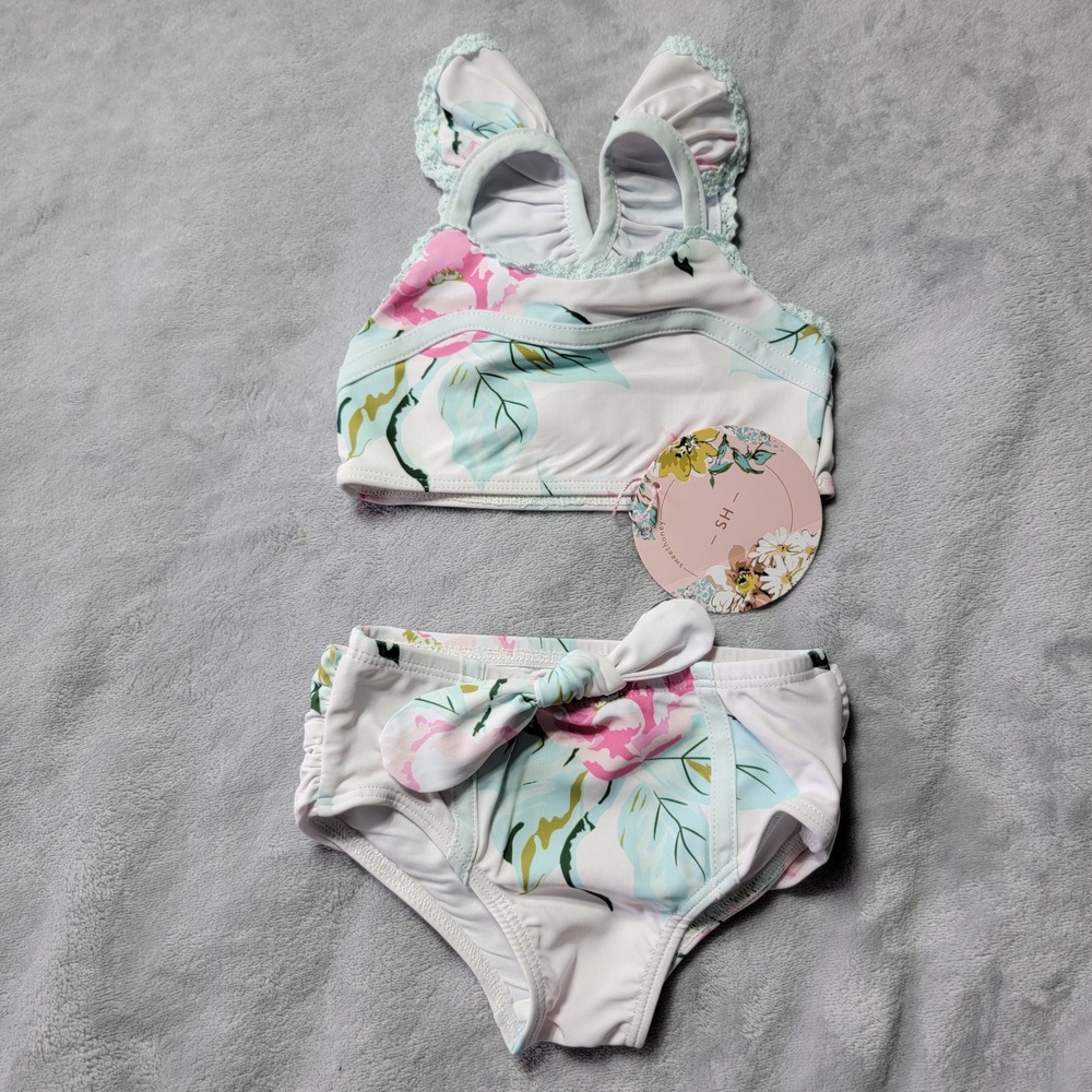 SweetHoney Baby Girls Floral Ruffle Two Piece Swimsuit Pink Blue White 12M NEW